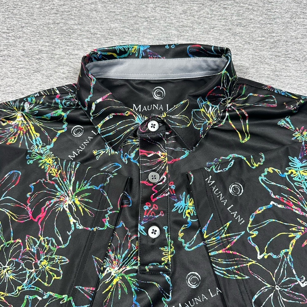 Oahu Golf Apparel Mauna Lani Polo Shirt Mens Medium Black Hawaiian Floral Golf